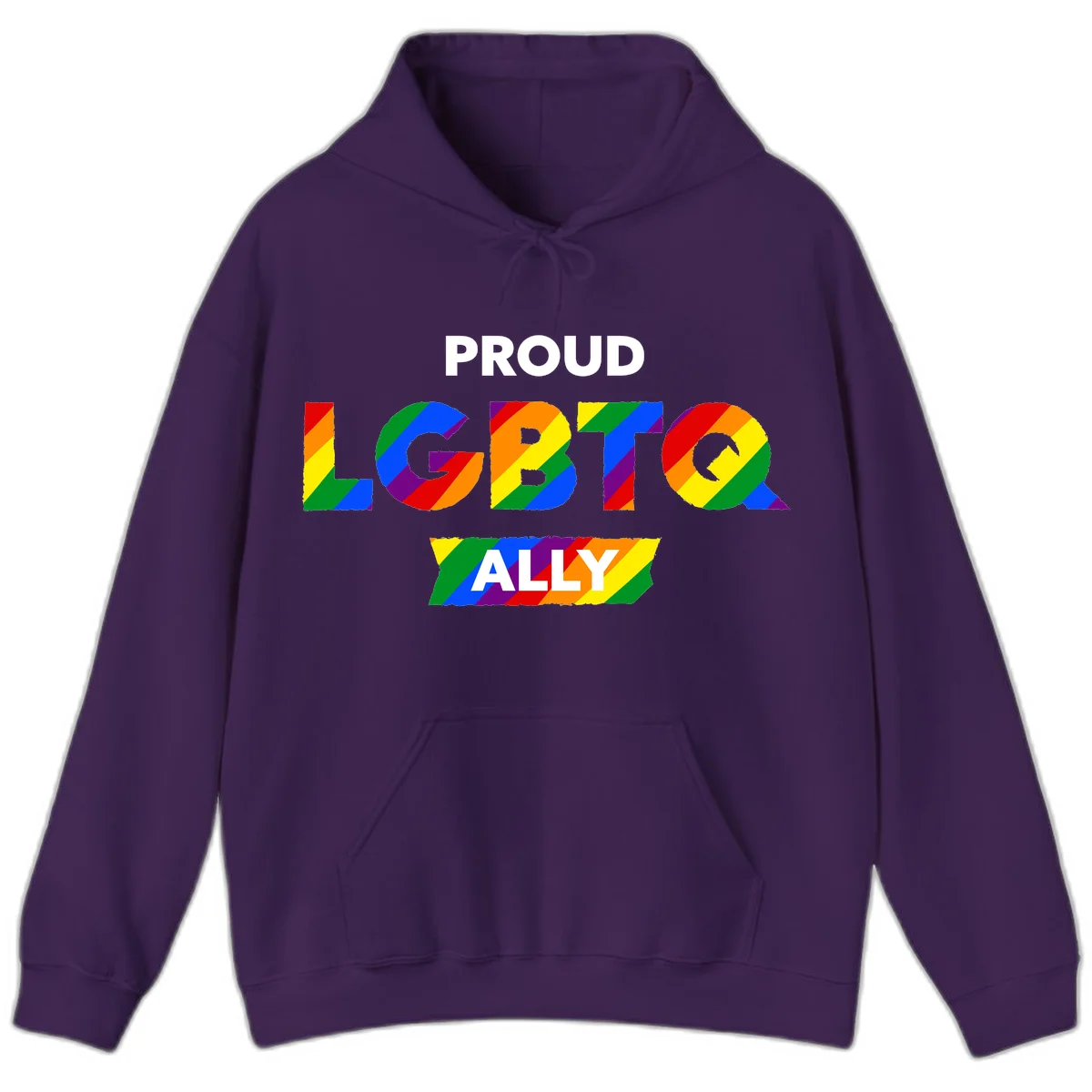 Colorful proud LGBTQ ally design with rainbow diagonal stripes filling large bold letters spelling out the message. in Purple