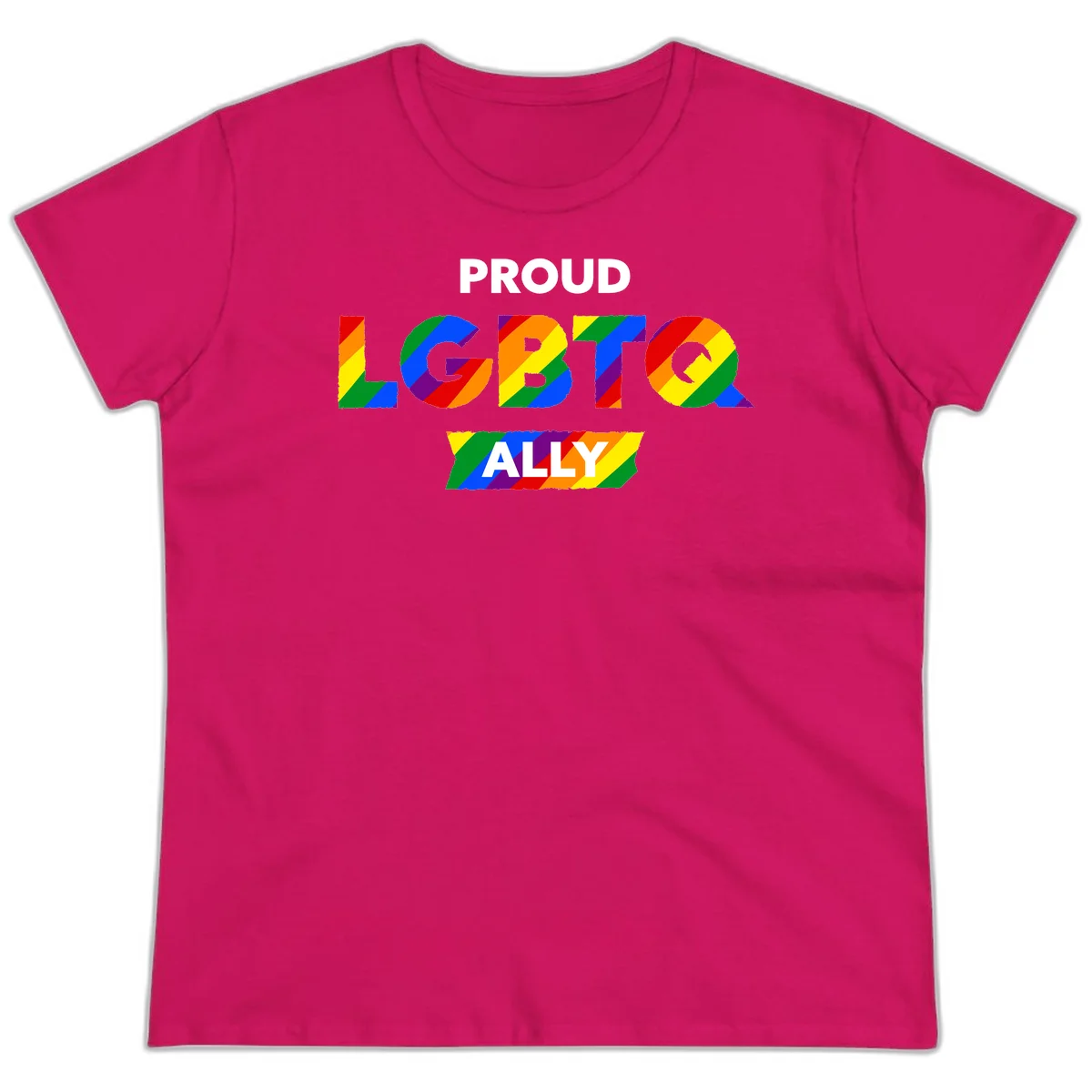 Colorful proud LGBTQ ally design with rainbow diagonal stripes filling large bold letters spelling out the message. in Heliconia