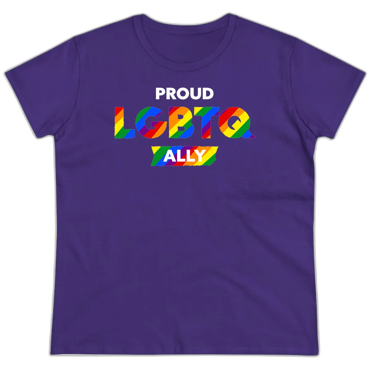 Colorful proud LGBTQ ally design with rainbow diagonal stripes filling large bold letters spelling out the message. in Purple