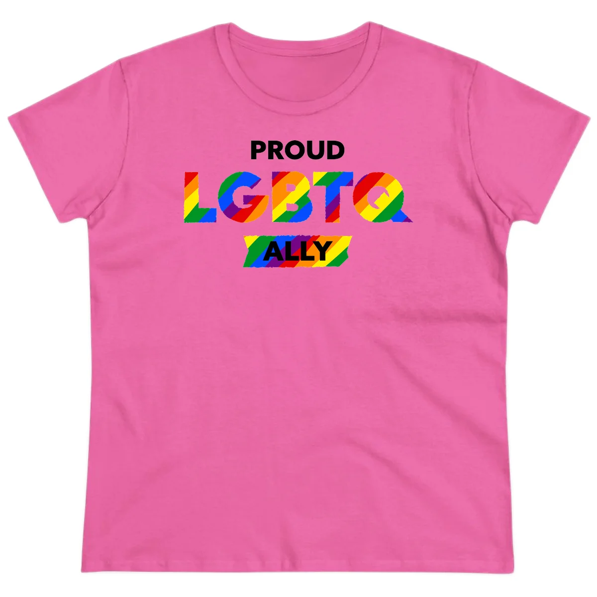 Colorful proud LGBTQ ally design with rainbow diagonal stripes filling large bold letters spelling out the message. in Azalea