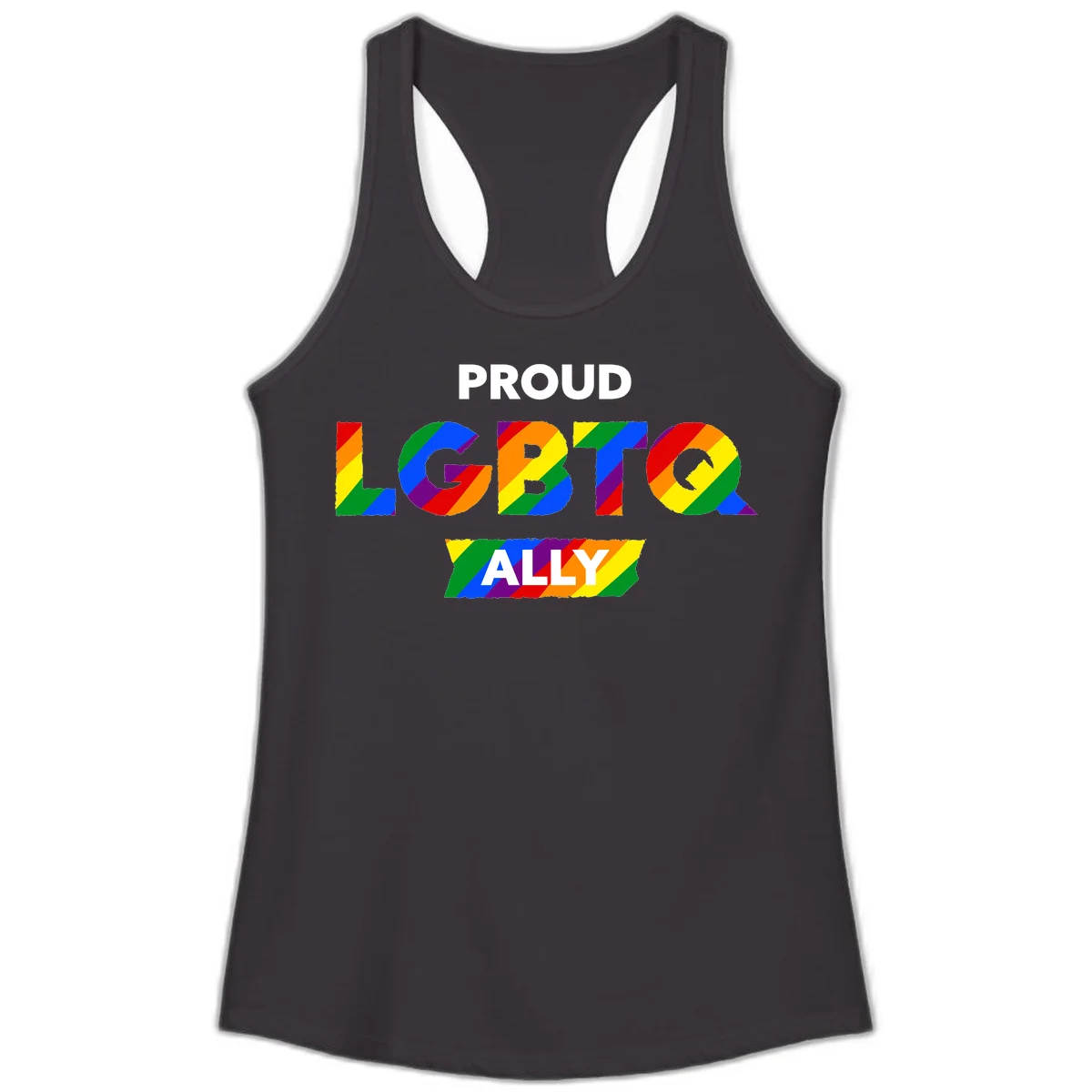 Colorful proud LGBTQ ally design with rainbow diagonal stripes filling large bold letters spelling out the message. in Black