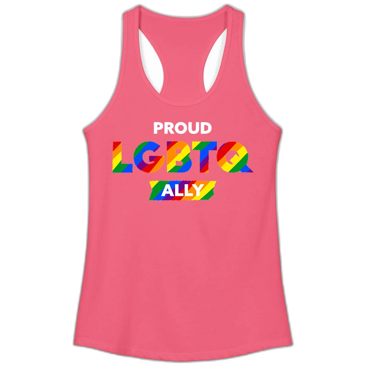Colorful proud LGBTQ ally design with rainbow diagonal stripes filling large bold letters spelling out the message. in Hot Pink