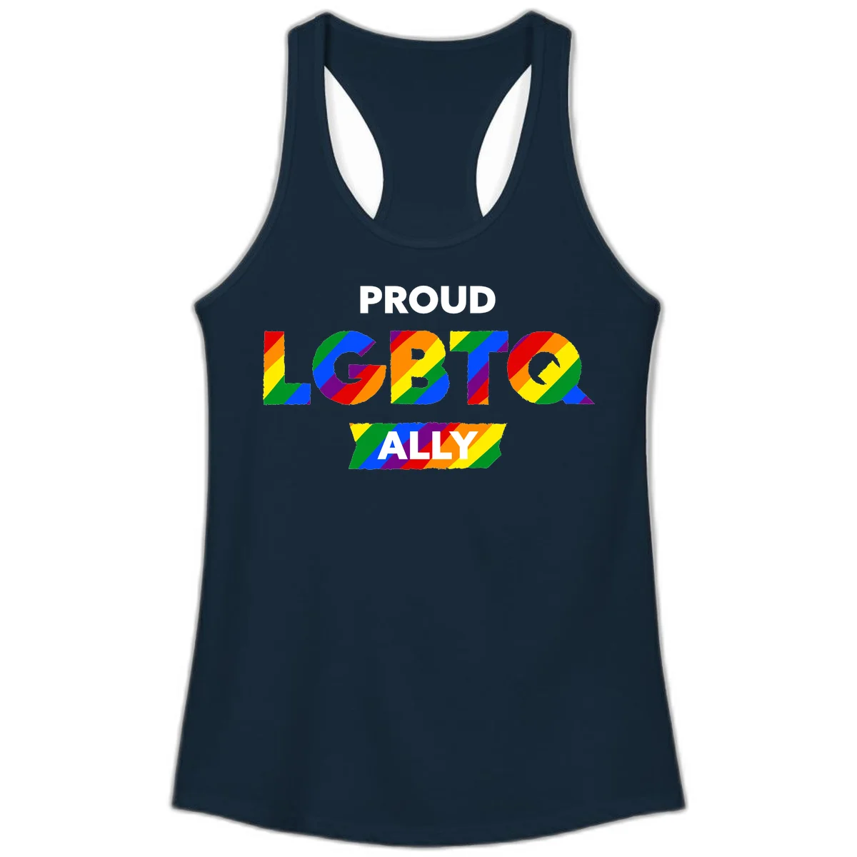 Colorful proud LGBTQ ally design with rainbow diagonal stripes filling large bold letters spelling out the message. in Solid Midnight Navy