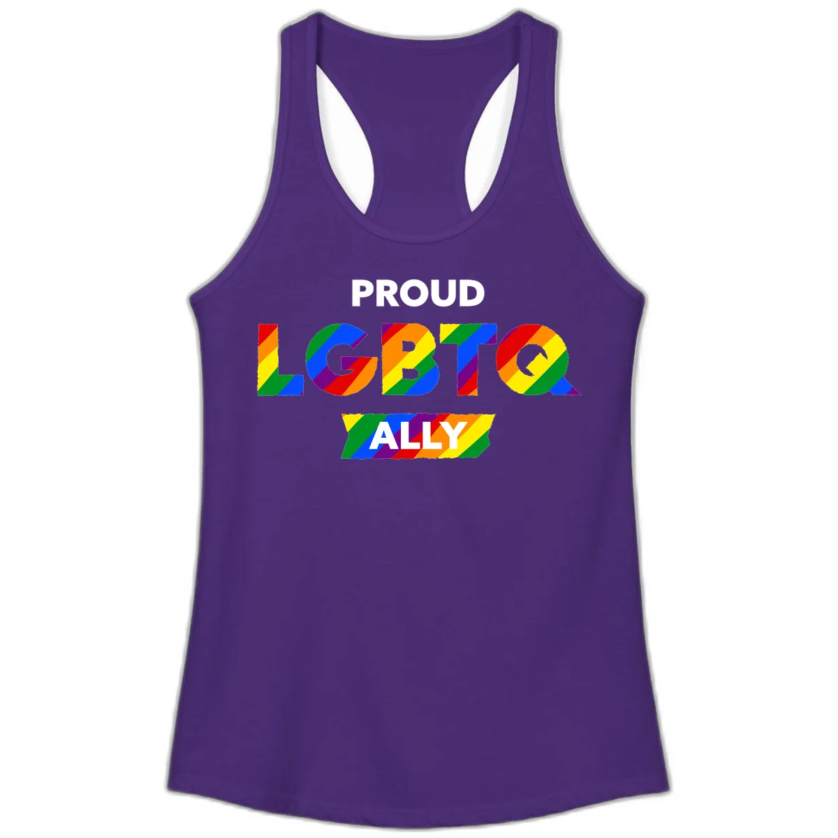 Colorful proud LGBTQ ally design with rainbow diagonal stripes filling large bold letters spelling out the message. in Solid Purple Rush