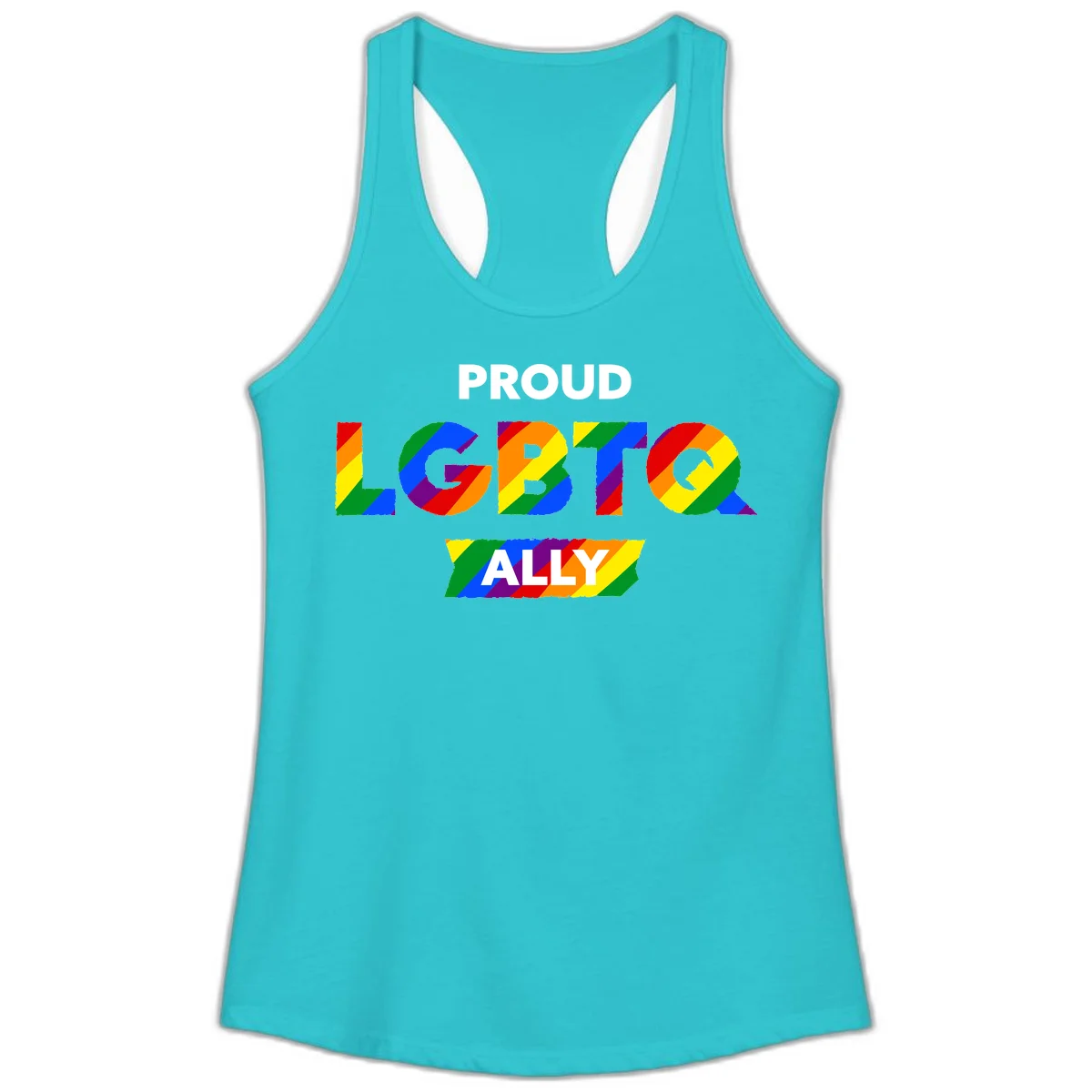 Colorful proud LGBTQ ally design with rainbow diagonal stripes filling large bold letters spelling out the message. in Solid Tahiti Blue