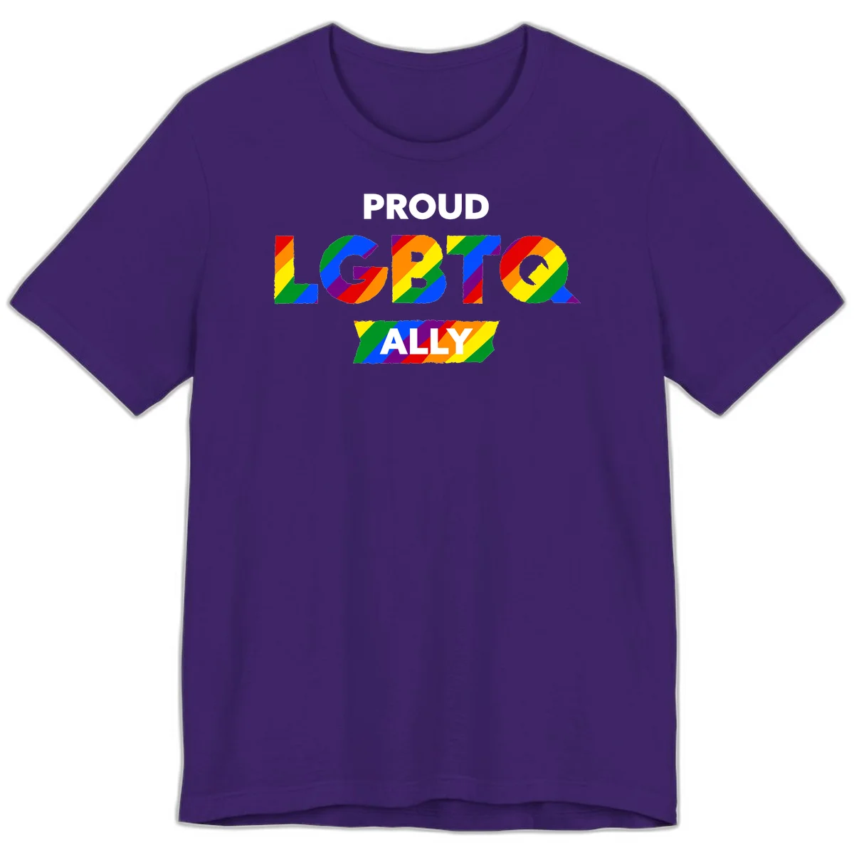 Colorful proud LGBTQ ally design with rainbow diagonal stripes filling large bold letters spelling out the message. in Team Purple