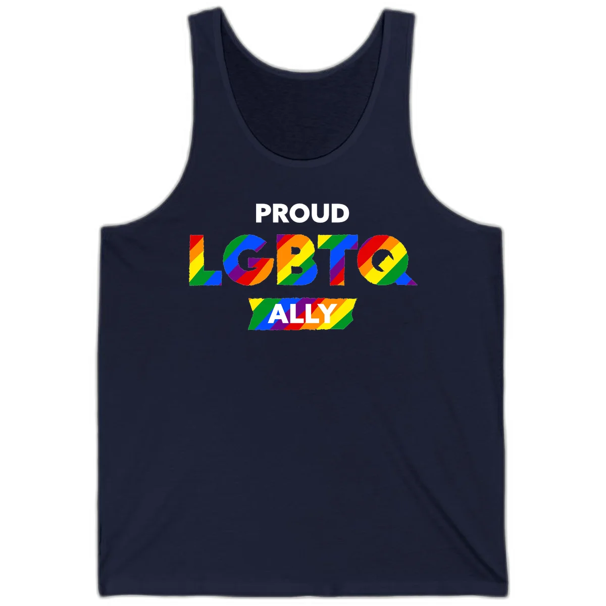 Colorful proud LGBTQ ally design with rainbow diagonal stripes filling large bold letters spelling out the message. in Navy