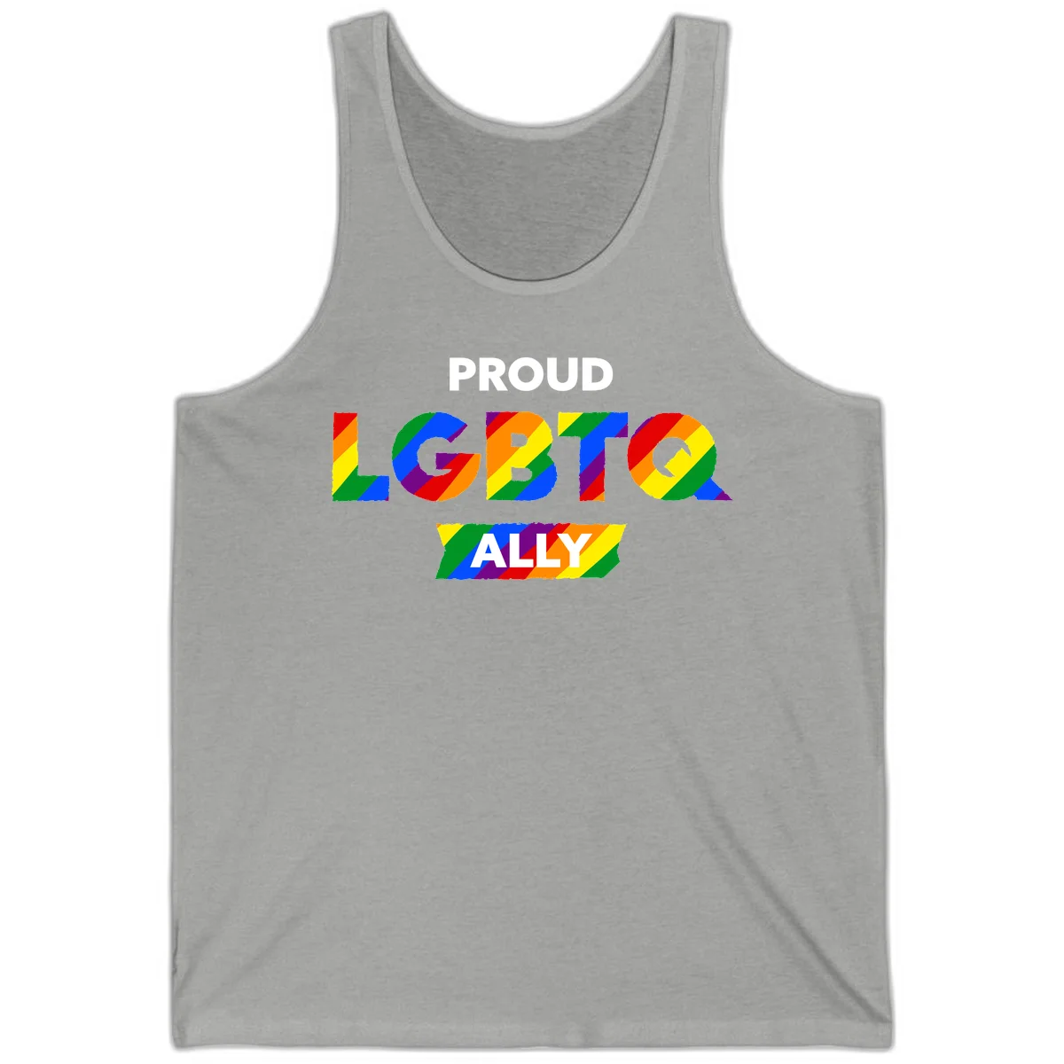 Colorful proud LGBTQ ally design with rainbow diagonal stripes filling large bold letters spelling out the message. in Athletic Heather