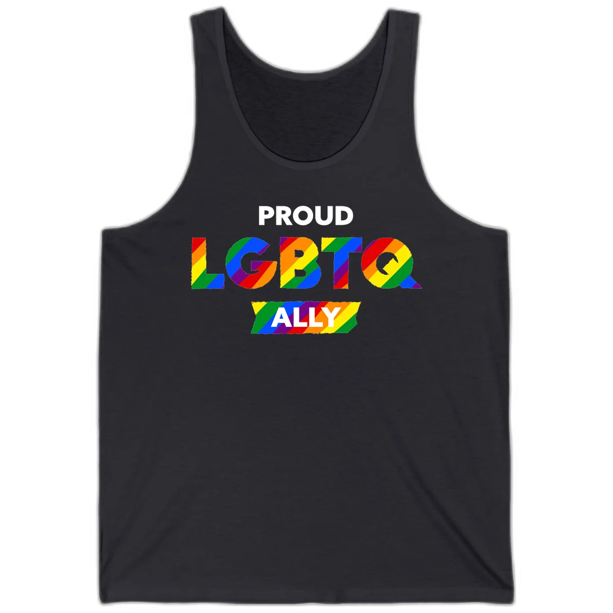 Colorful proud LGBTQ ally design with rainbow diagonal stripes filling large bold letters spelling out the message. in Dark Grey