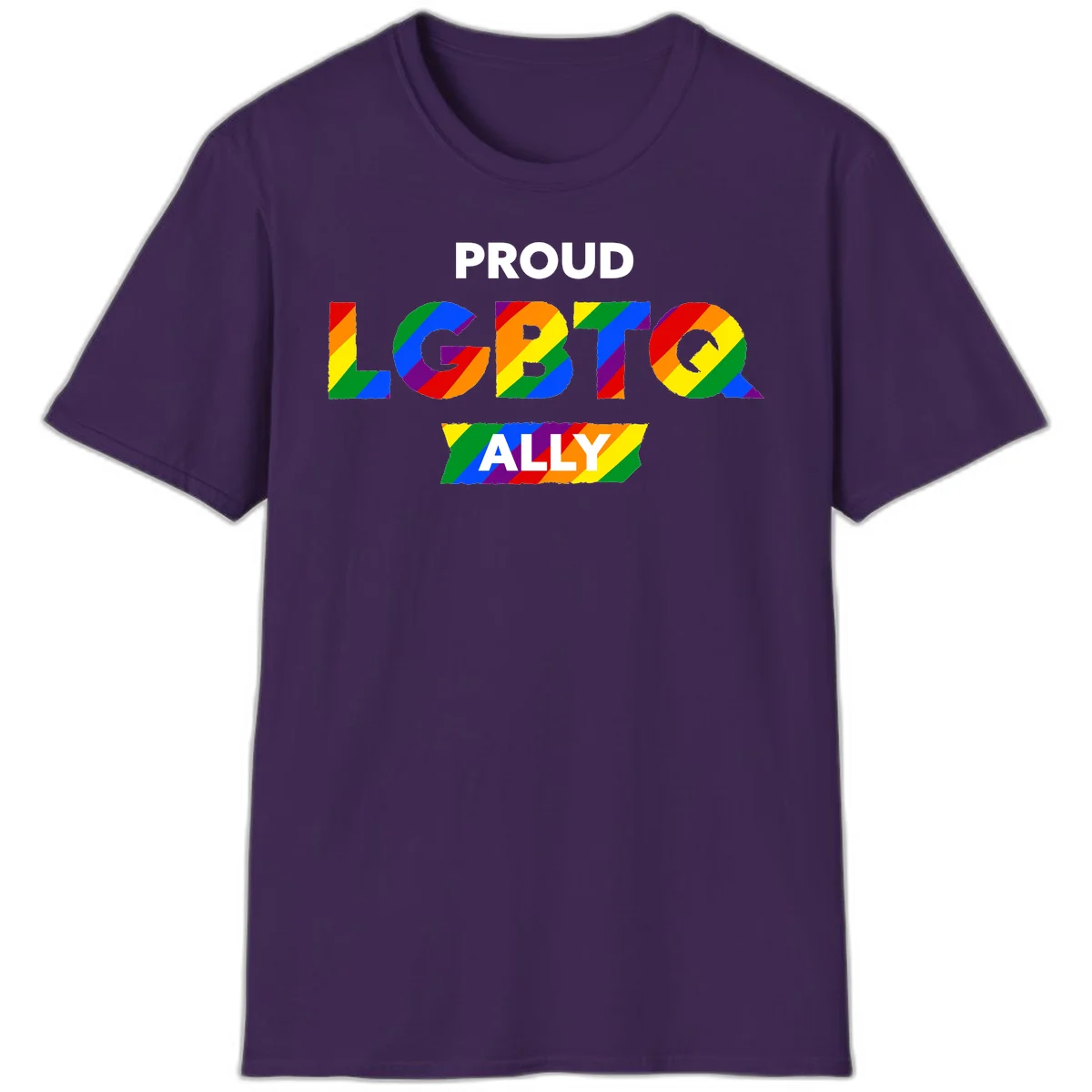 Colorful proud LGBTQ ally design with rainbow diagonal stripes filling large bold letters spelling out the message. in Purple