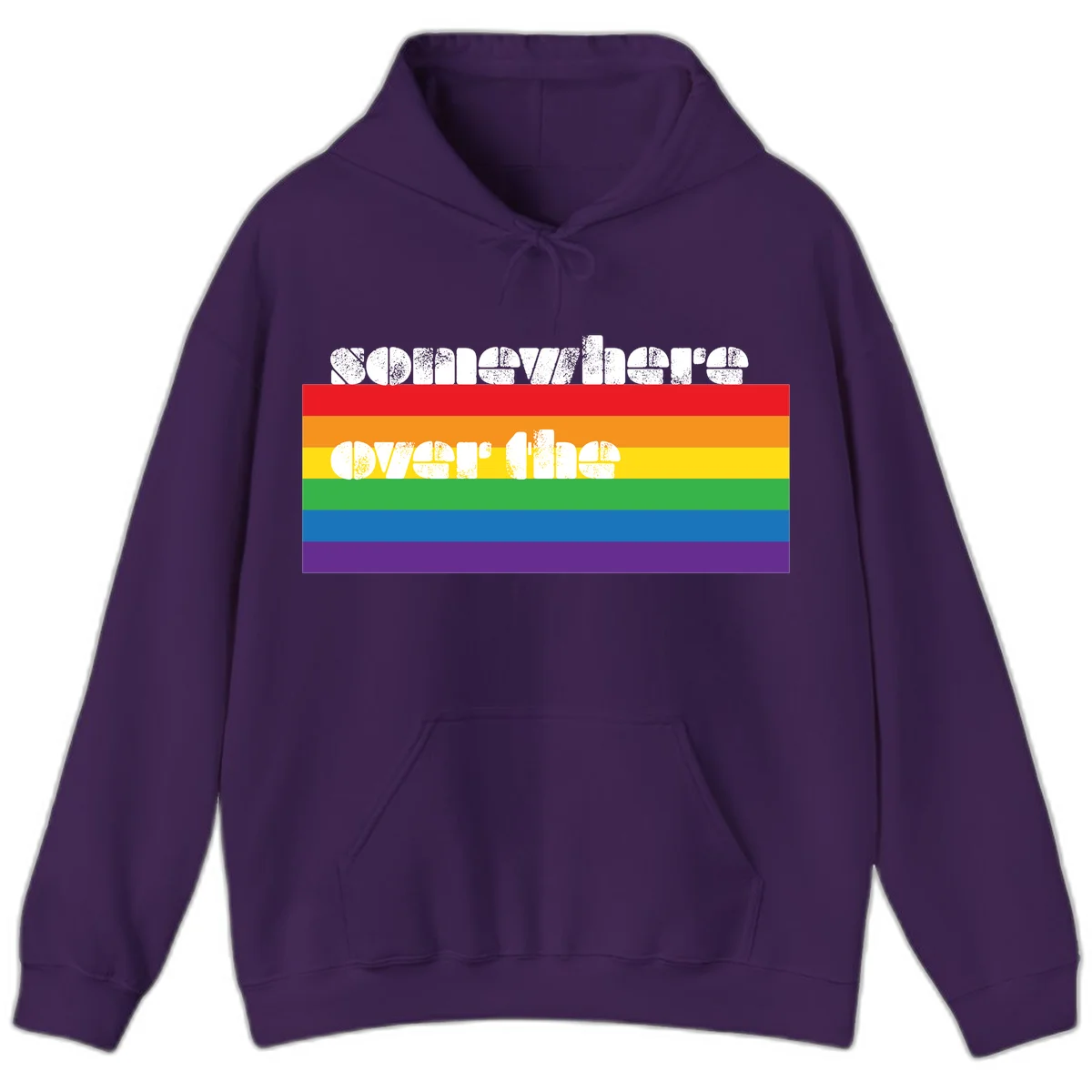 Somewhere over the rainbow pride design with white distressed text over six-color horizontal pride flag stripes in Purple