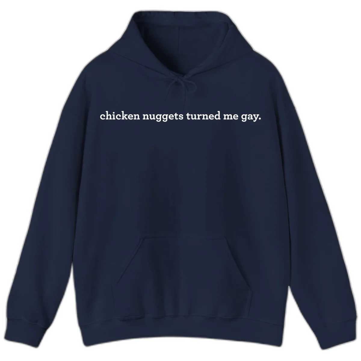 White text reading 'chicken nuggets turned me gay' on gray background - humorous pride design in Navy