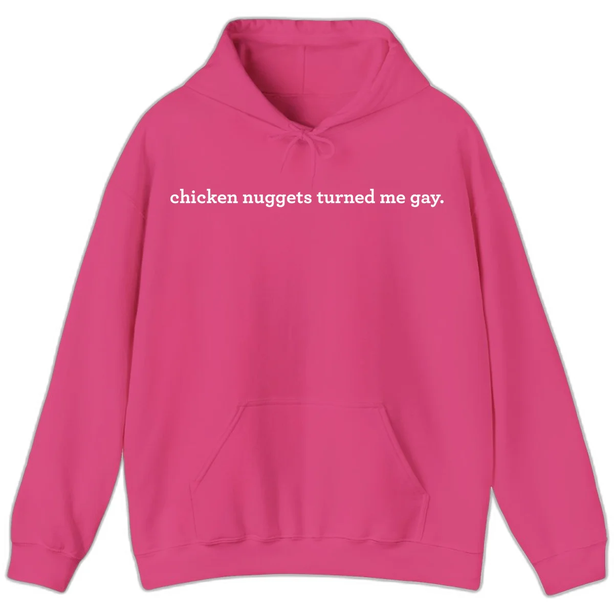 White text reading 'chicken nuggets turned me gay' on gray background - humorous pride design in Heliconia