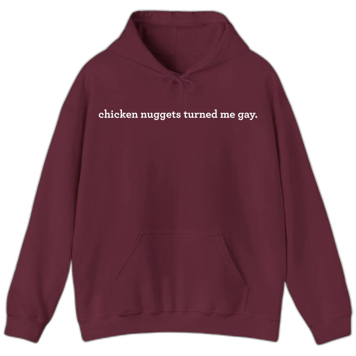 White text reading 'chicken nuggets turned me gay' on gray background - humorous pride design in Maroon