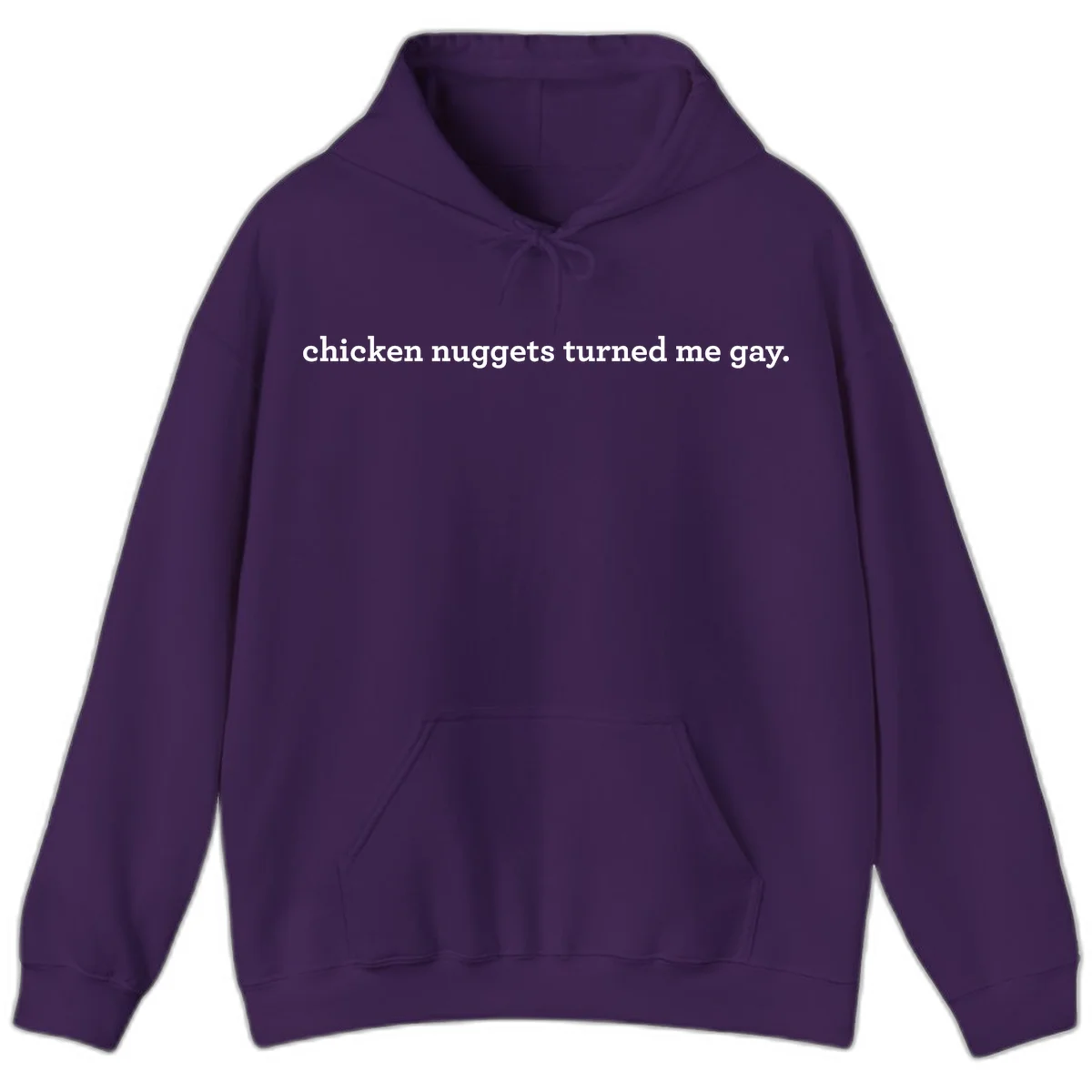 White text reading 'chicken nuggets turned me gay' on gray background - humorous pride design in Purple