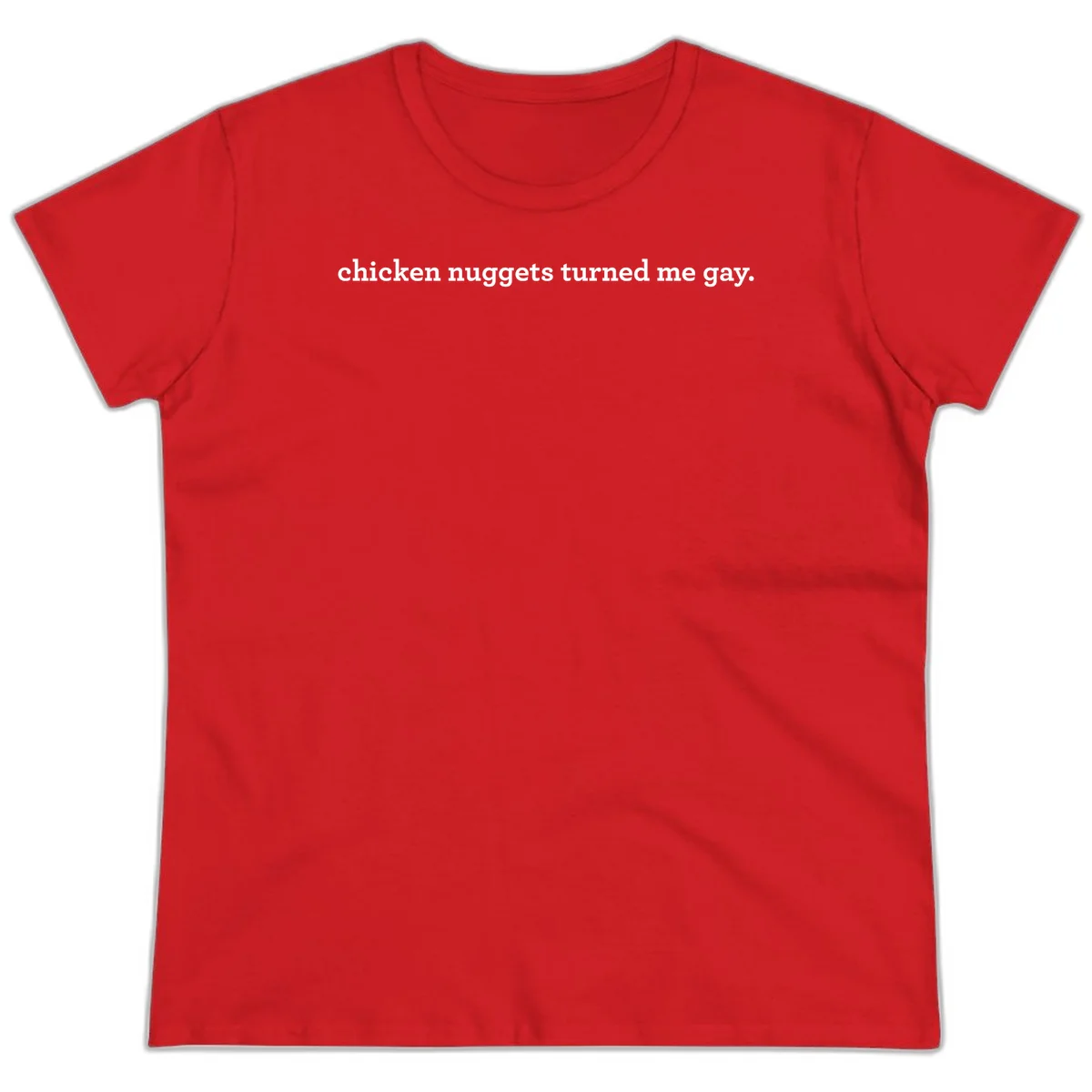 White text reading 'chicken nuggets turned me gay' on gray background - humorous pride design in Red
