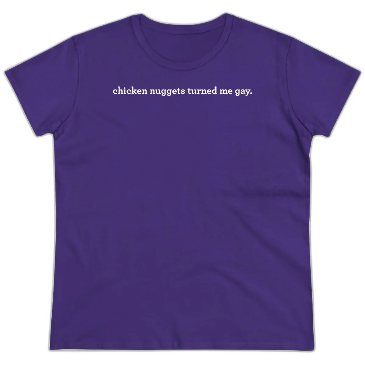 White text reading 'chicken nuggets turned me gay' on gray background - humorous pride design in Purple