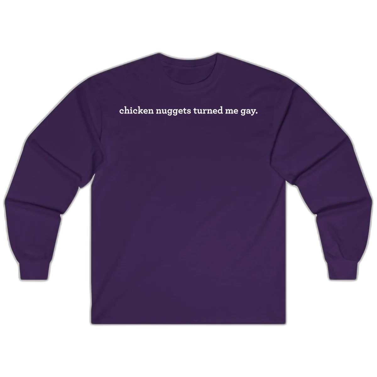 White text reading 'chicken nuggets turned me gay' on gray background - humorous pride design in Purple