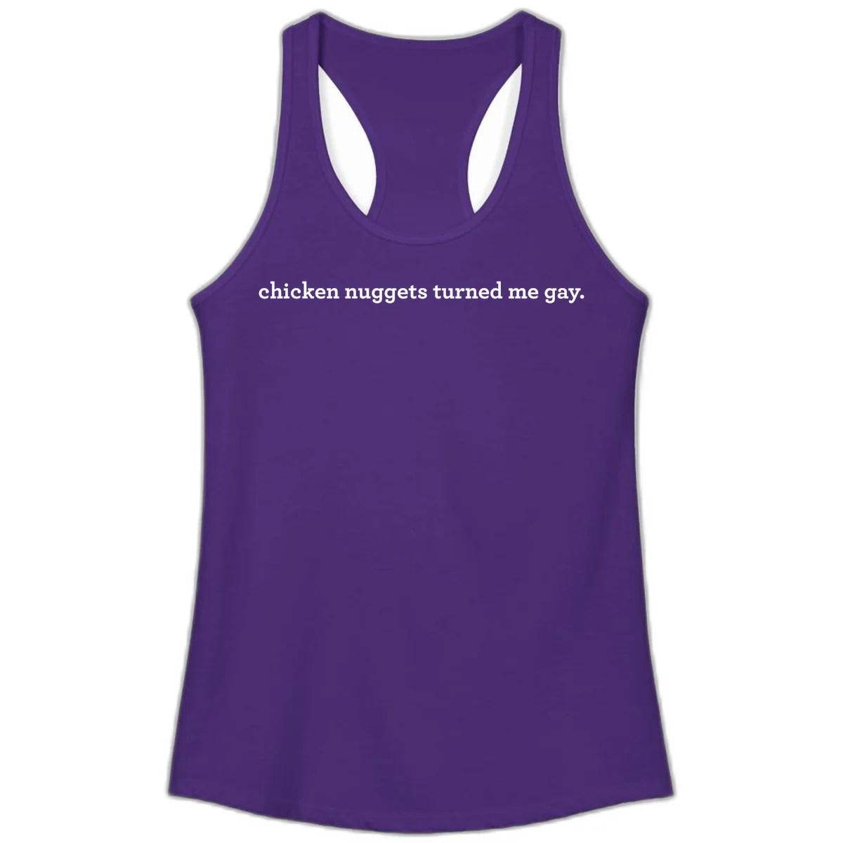 White text reading 'chicken nuggets turned me gay' on gray background - humorous pride design in Solid Purple Rush