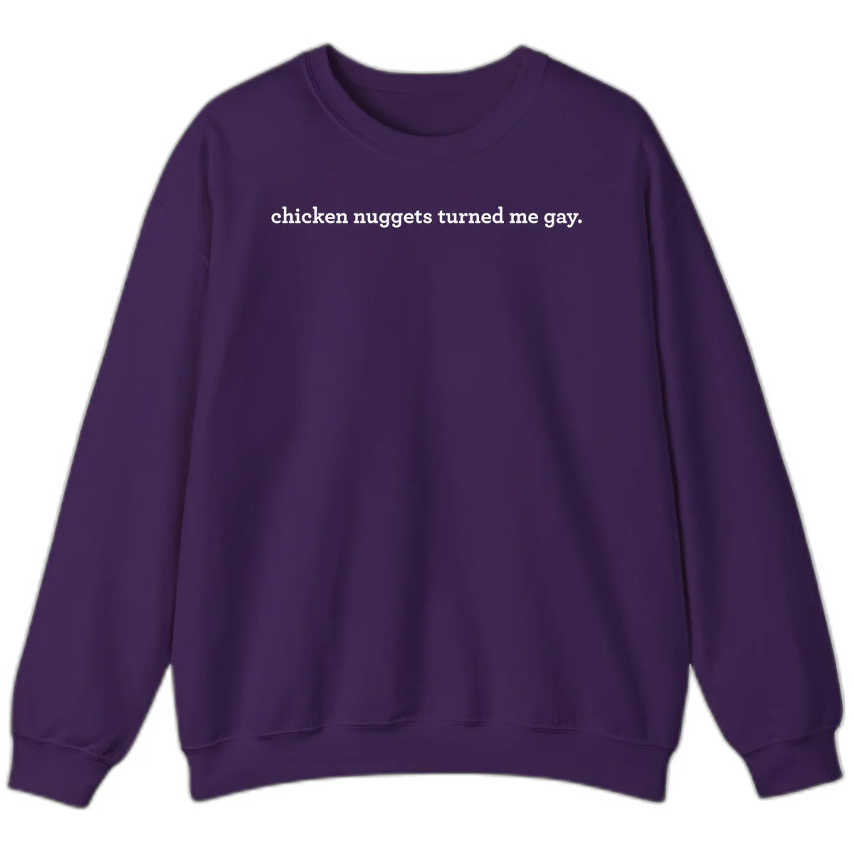 White text reading 'chicken nuggets turned me gay' on gray background - humorous pride design in Purple