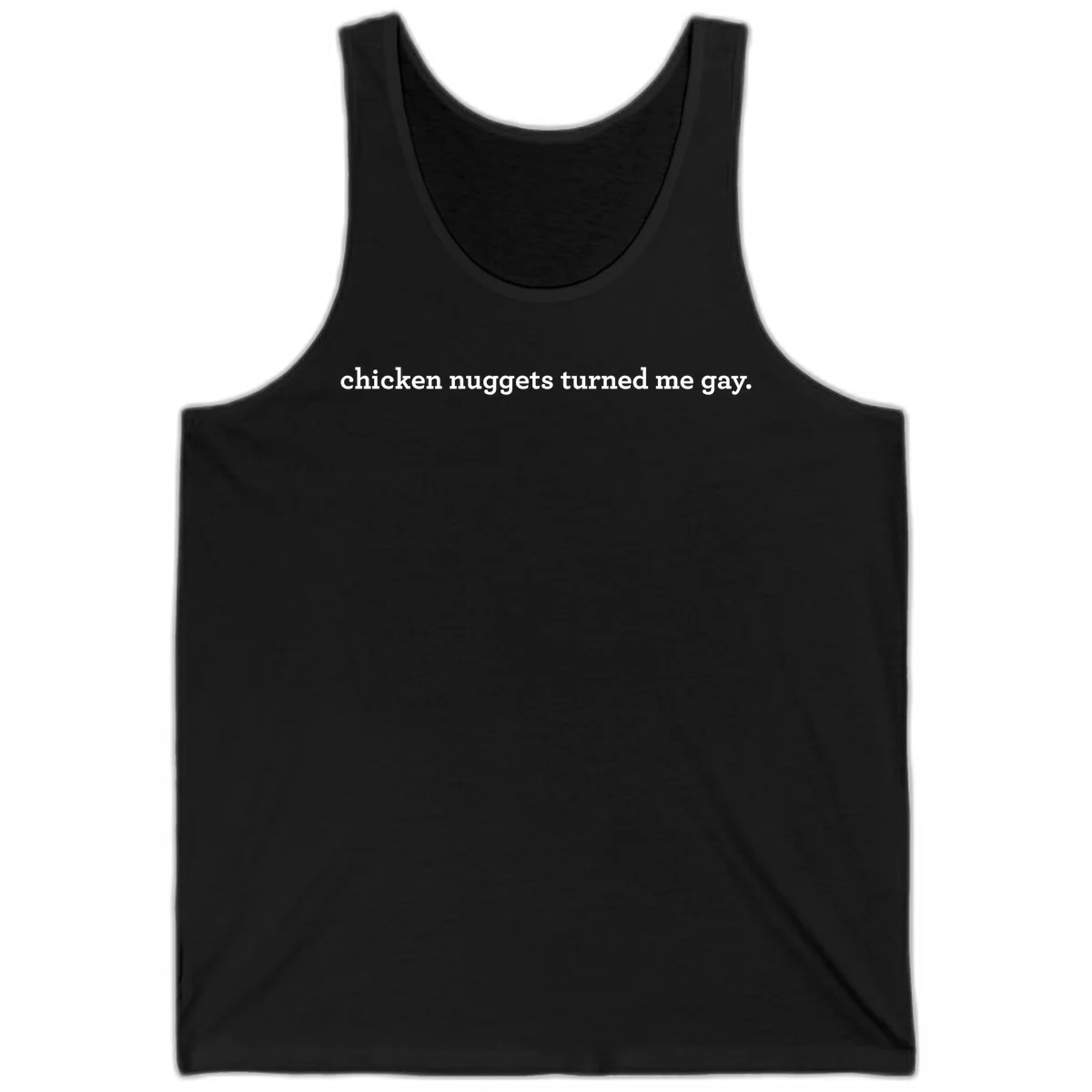 White text reading 'chicken nuggets turned me gay' on gray background - humorous pride design in Black