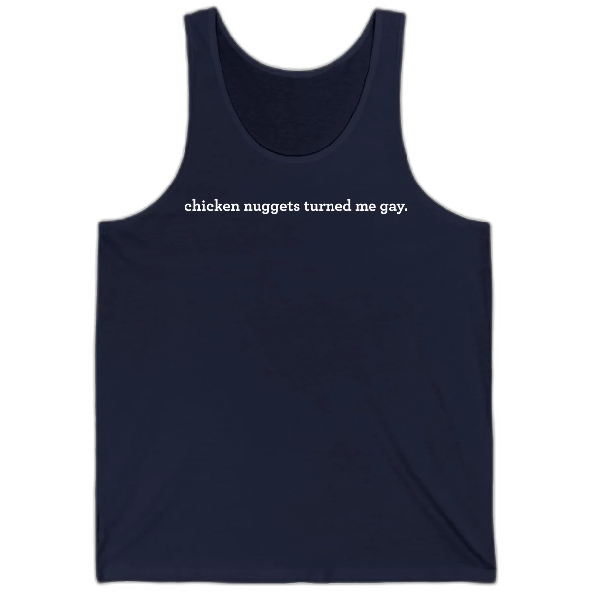 White text reading 'chicken nuggets turned me gay' on gray background - humorous pride design in Navy