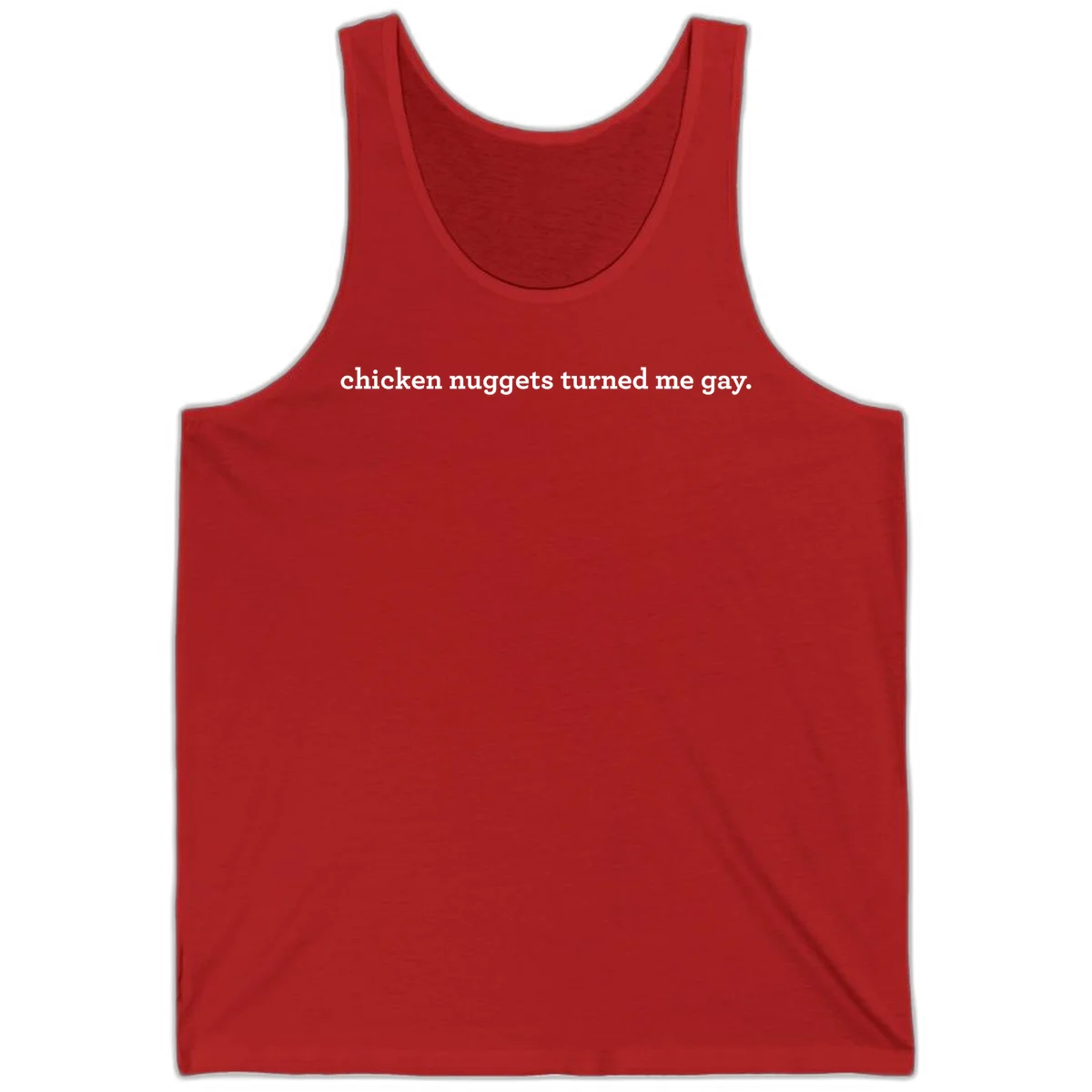 White text reading 'chicken nuggets turned me gay' on gray background - humorous pride design in Red