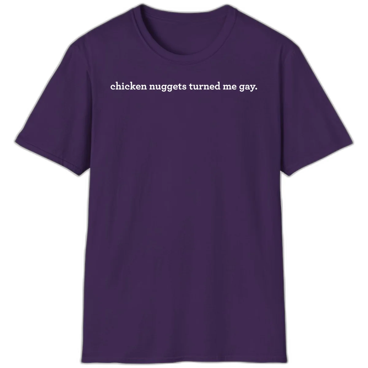 White text reading 'chicken nuggets turned me gay' on gray background - humorous pride design in Purple