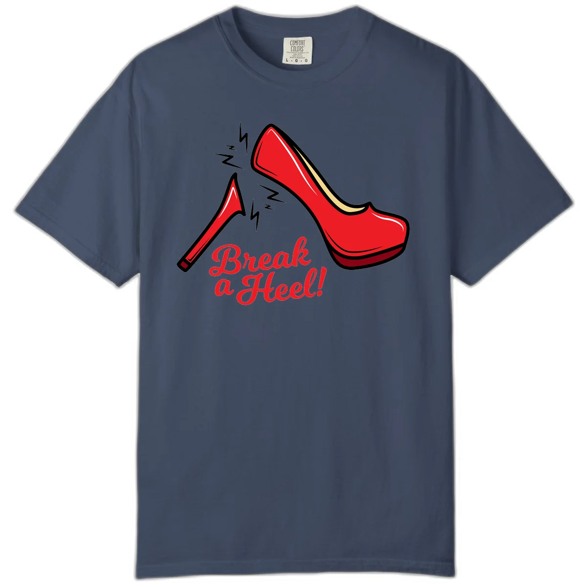 Illustration of red high heel shoes with lightning bolts and 'Break a Heel!' text - break-a-heel-fashion design in Midnight
