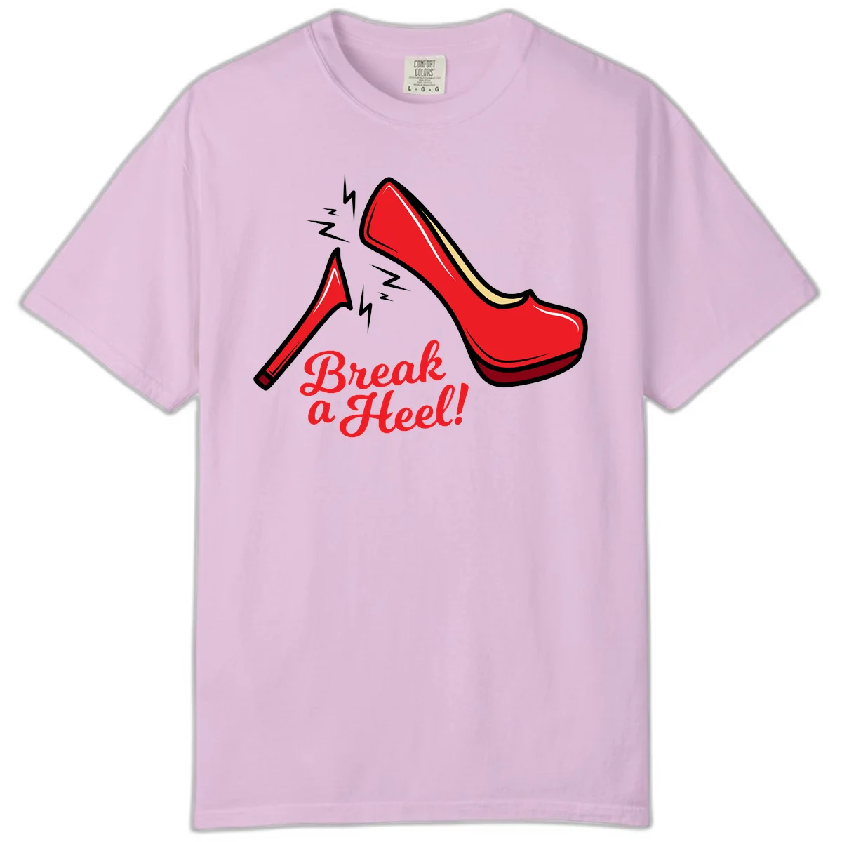 Illustration of red high heel shoes with lightning bolts and 'Break a Heel!' text - break-a-heel-fashion design in Orchid