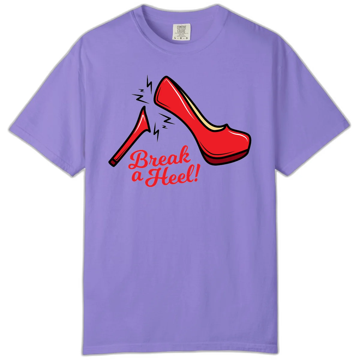 Illustration of red high heel shoes with lightning bolts and 'Break a Heel!' text - break-a-heel-fashion design in Violet