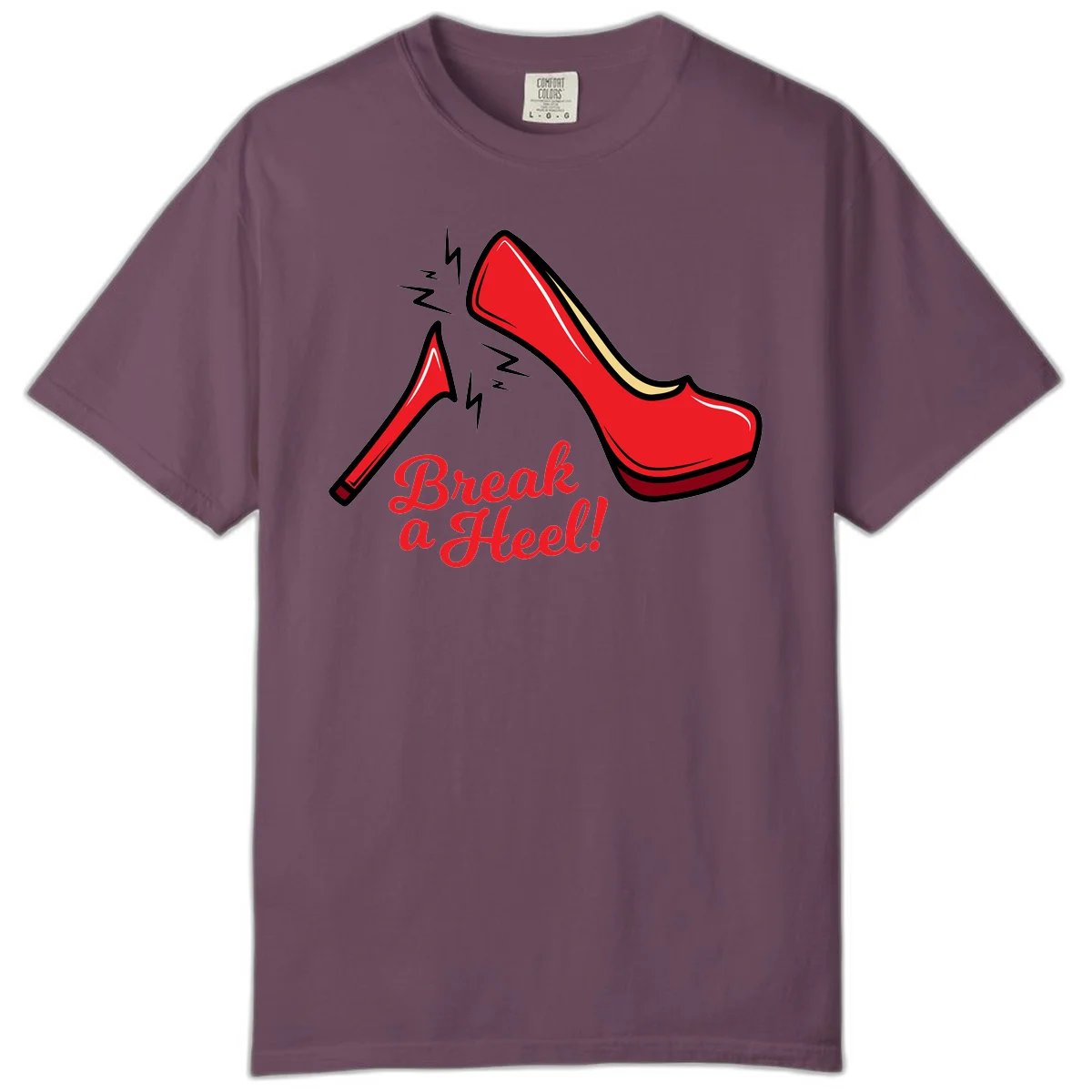 Illustration of red high heel shoes with lightning bolts and 'Break a Heel!' text - break-a-heel-fashion design in Berry