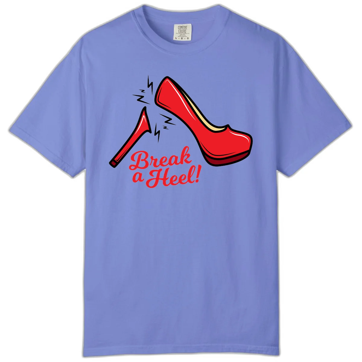 Illustration of red high heel shoes with lightning bolts and 'Break a Heel!' text - break-a-heel-fashion design in Flo Blue