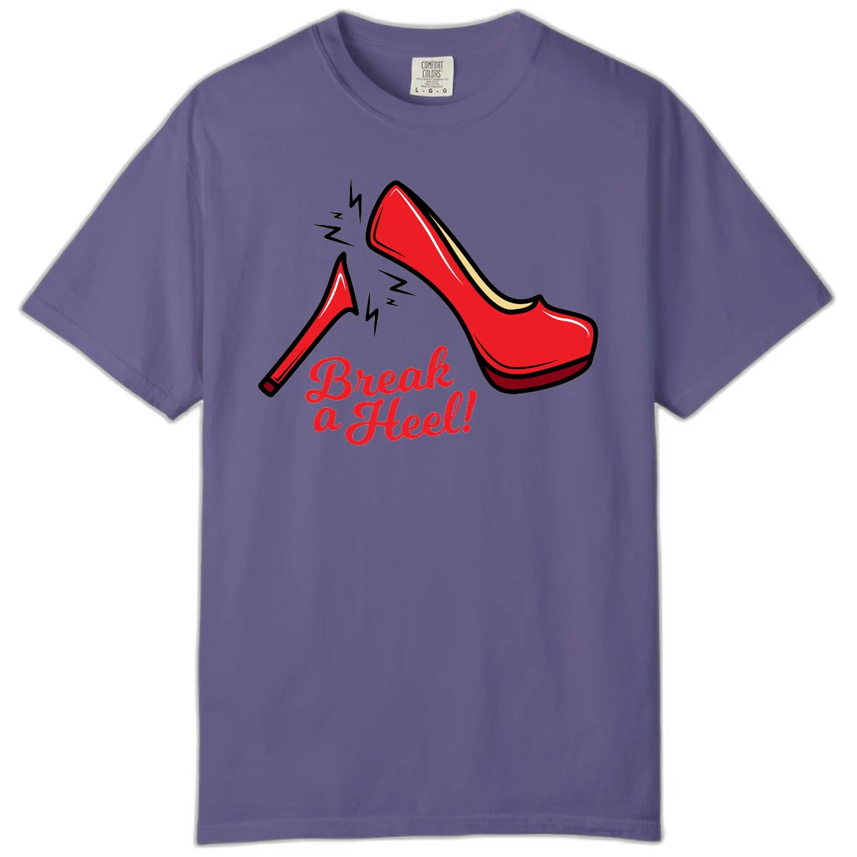 Illustration of red high heel shoes with lightning bolts and 'Break a Heel!' text - break-a-heel-fashion design in Grape