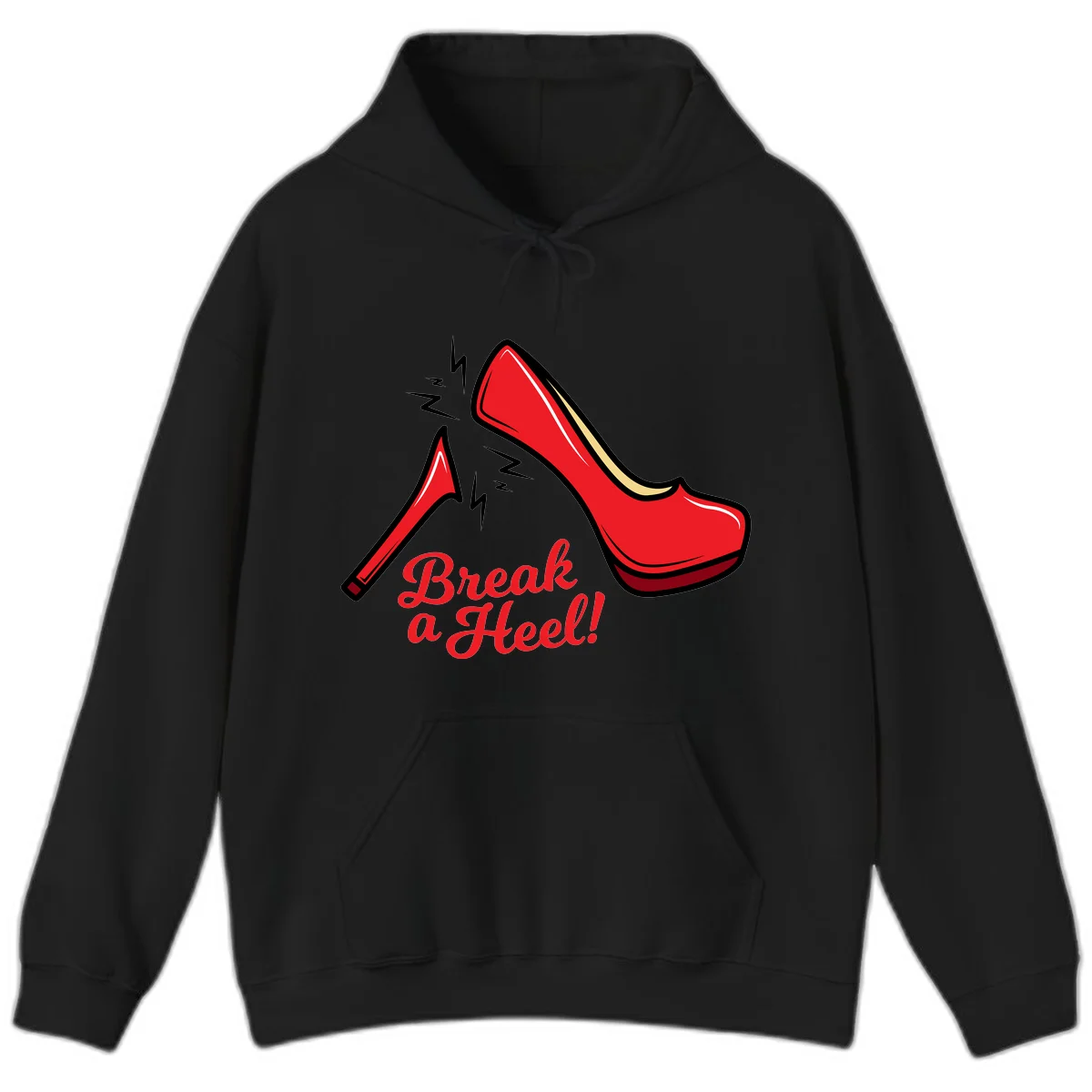 Illustration of red high heel shoes with lightning bolts and 'Break a Heel!' text - break-a-heel-fashion design in Black