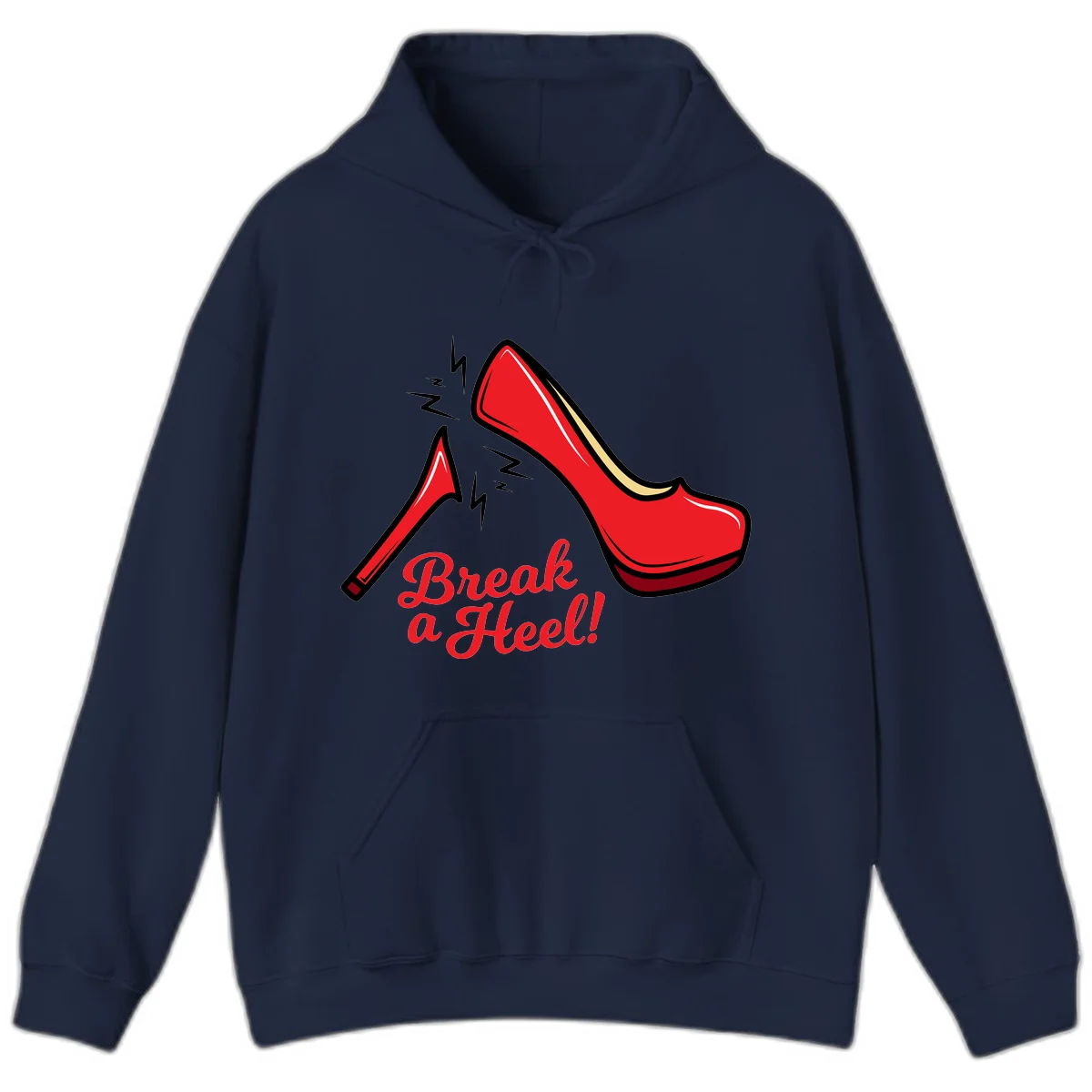 Illustration of red high heel shoes with lightning bolts and 'Break a Heel!' text - break-a-heel-fashion design in Navy