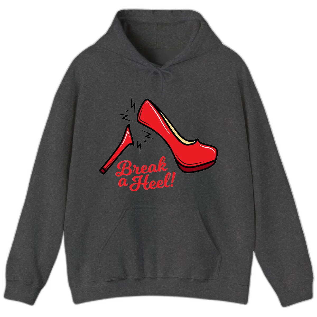 Illustration of red high heel shoes with lightning bolts and 'Break a Heel!' text - break-a-heel-fashion design in Dark Heather