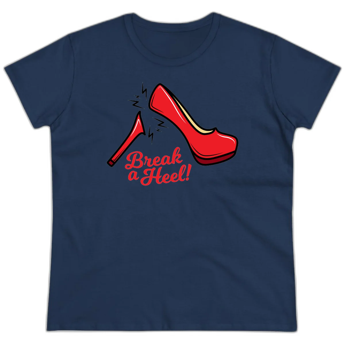 Illustration of red high heel shoes with lightning bolts and 'Break a Heel!' text - break-a-heel-fashion design in Navy