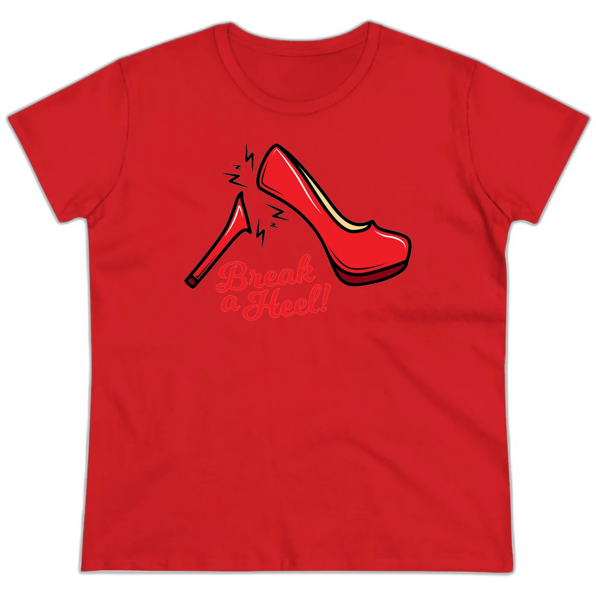 Illustration of red high heel shoes with lightning bolts and 'Break a Heel!' text - break-a-heel-fashion design in Red