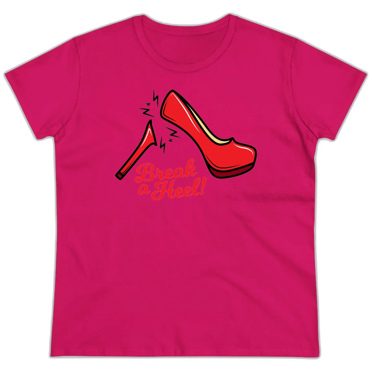 Illustration of red high heel shoes with lightning bolts and 'Break a Heel!' text - break-a-heel-fashion design in Heliconia