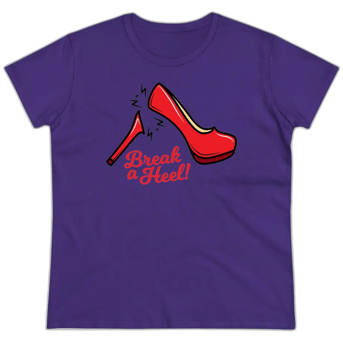 Illustration of red high heel shoes with lightning bolts and 'Break a Heel!' text - break-a-heel-fashion design in Purple