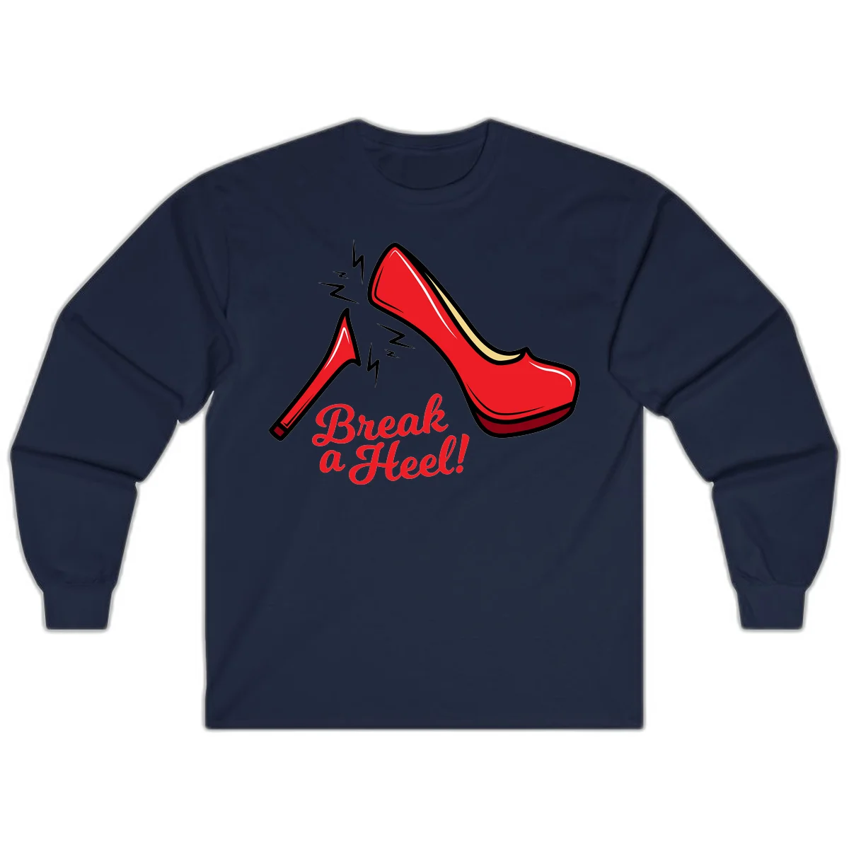 Illustration of red high heel shoes with lightning bolts and 'Break a Heel!' text - break-a-heel-fashion design in Navy