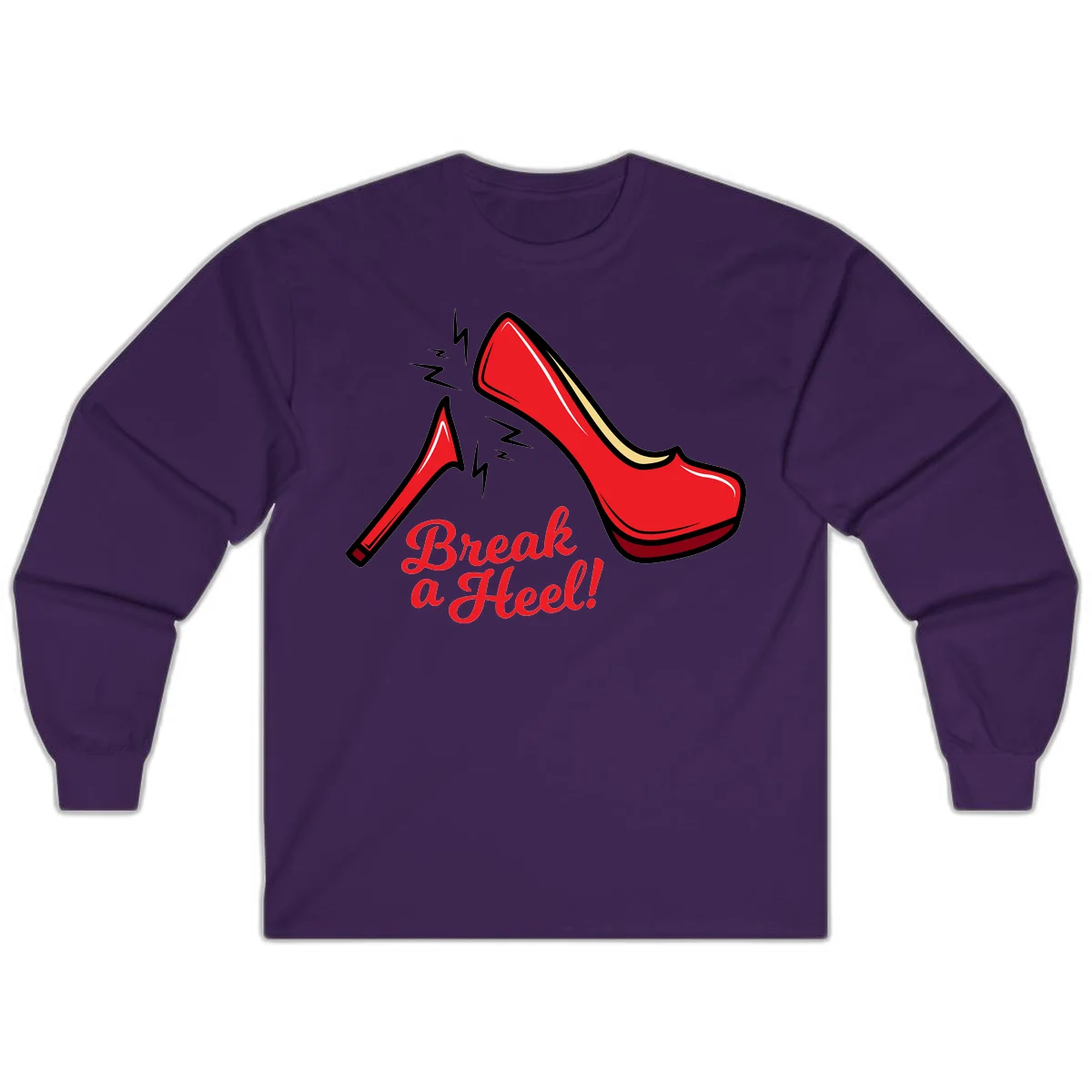 Illustration of red high heel shoes with lightning bolts and 'Break a Heel!' text - break-a-heel-fashion design in Purple