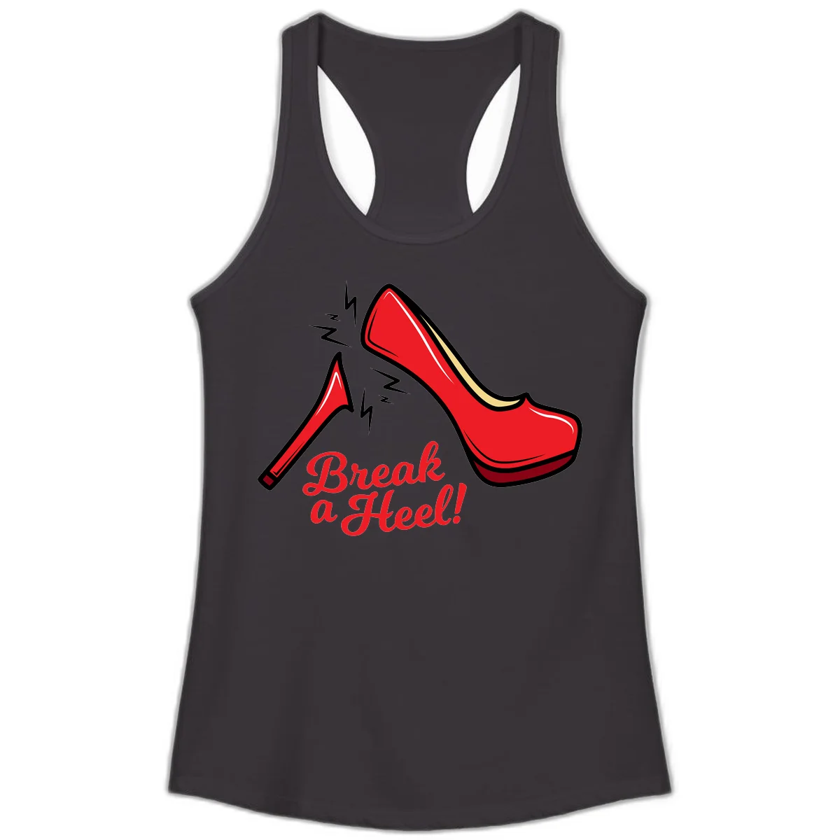 Illustration of red high heel shoes with lightning bolts and 'Break a Heel!' text - break-a-heel-fashion design in Black