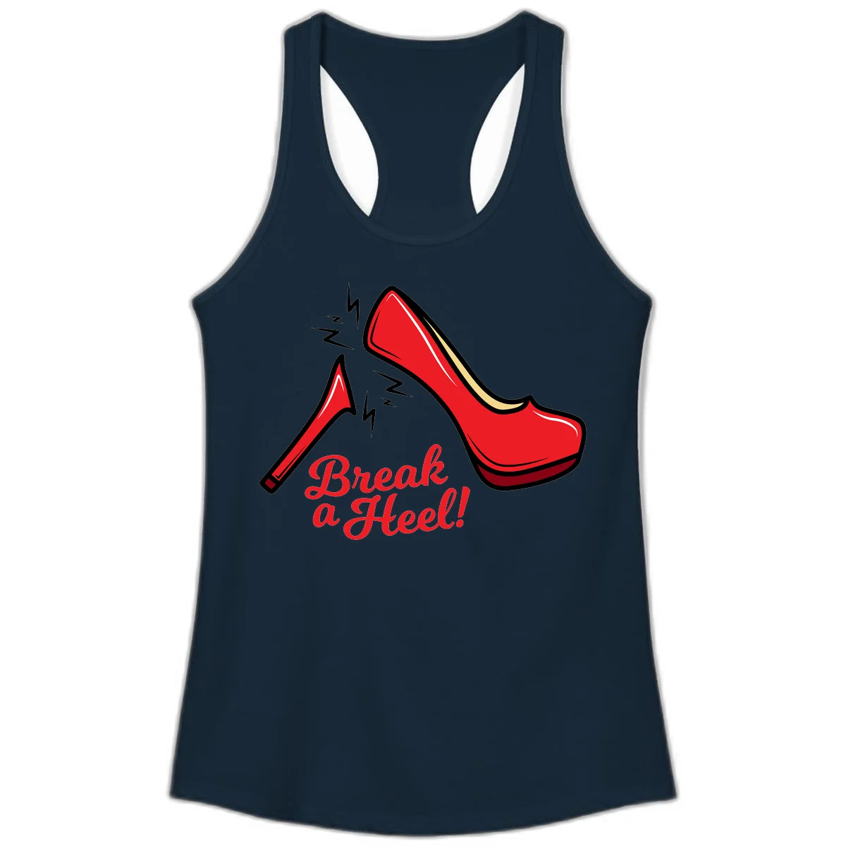 Illustration of red high heel shoes with lightning bolts and 'Break a Heel!' text - break-a-heel-fashion design in Solid Midnight Navy