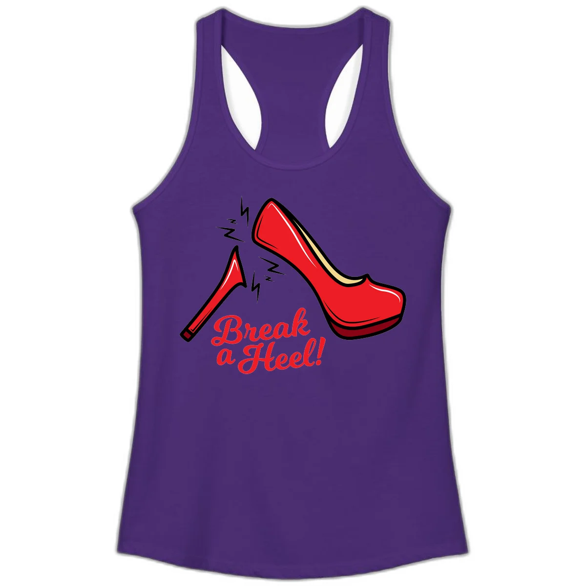 Illustration of red high heel shoes with lightning bolts and 'Break a Heel!' text - break-a-heel-fashion design in Solid Purple Rush