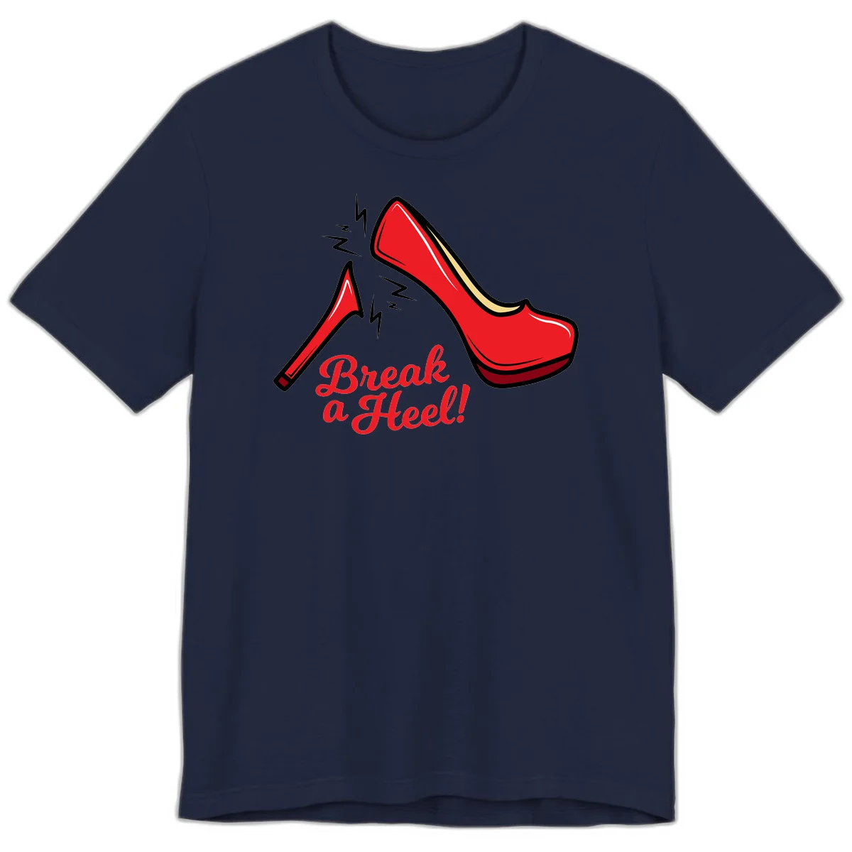 Illustration of red high heel shoes with lightning bolts and 'Break a Heel!' text - break-a-heel-fashion design in Navy