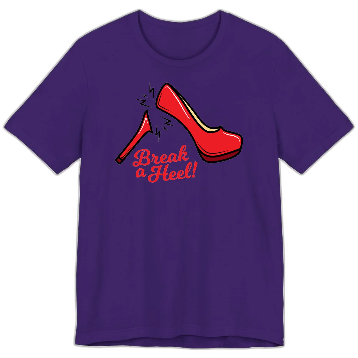 Illustration of red high heel shoes with lightning bolts and 'Break a Heel!' text - break-a-heel-fashion design in Team Purple