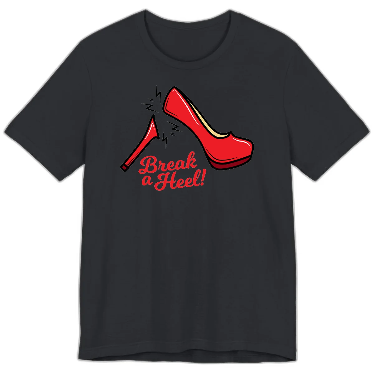 Illustration of red high heel shoes with lightning bolts and 'Break a Heel!' text - break-a-heel-fashion design in Vintage Black
