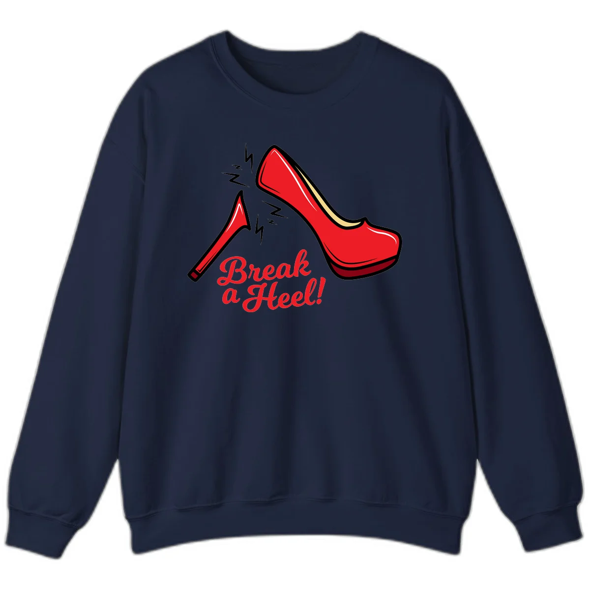 Illustration of red high heel shoes with lightning bolts and 'Break a Heel!' text - break-a-heel-fashion design in Navy